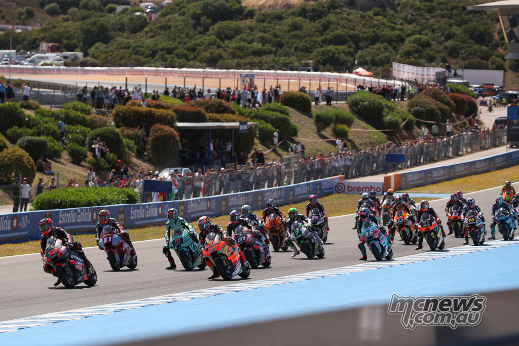 Moto2 riders negotiate the opening laps of the race at Jerez.