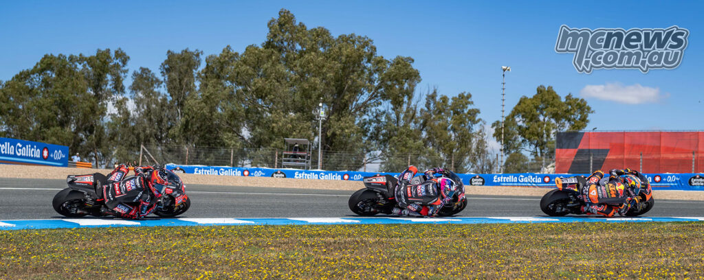 Collin Veijer leads Senna Agius and Manuel Gonzalez during the Moto2 race at Jerez.