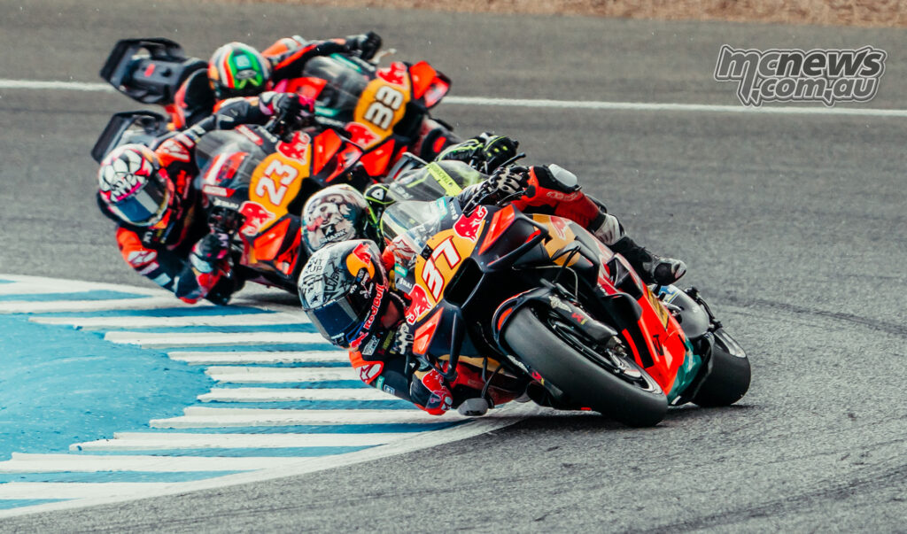 Pedro Acosta leads Fermin Aldeguer, Enea Bastianini and Brad Binder during MotoGP action at Jerez.