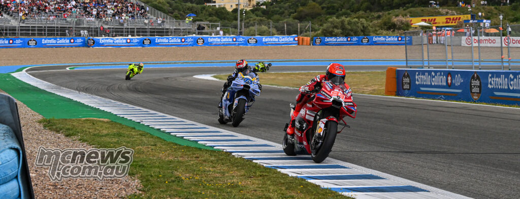 Marc Márquez leads Alex Márquez and Fabio Di Giannantonio at Jerez during the MotoGP Sprint.
