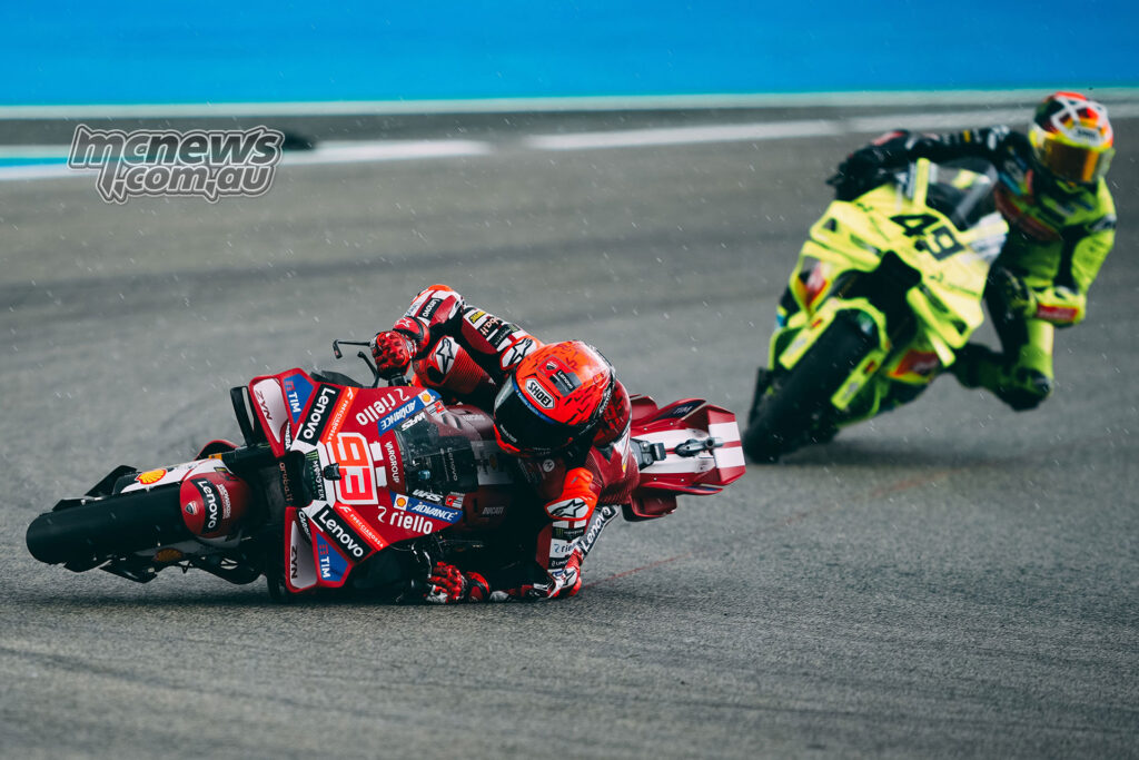 Marc Márquez crashes at the final corner during the MotoGP Sprint at Jerez.