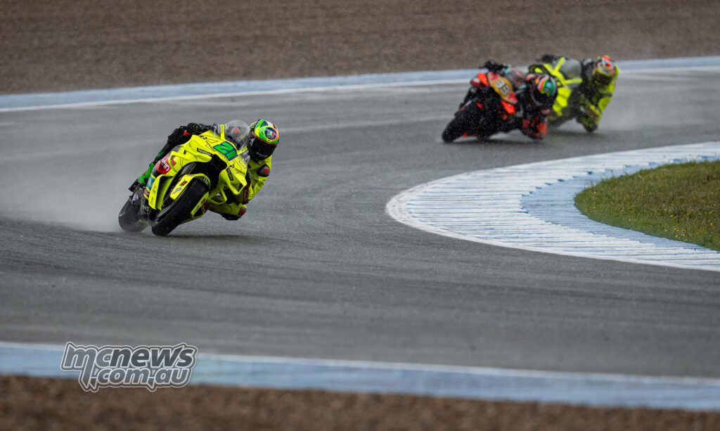 Franco Morbidelli leads Brad Binder and Fabio Di Giannantonio during the MotoGP Sprint at Jerez.
