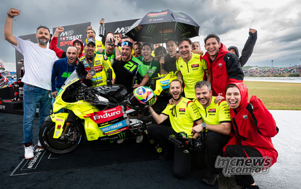 Franco Morbidelli celebrates with the VR46 team after finishing on the Sprint podium at Jerez.