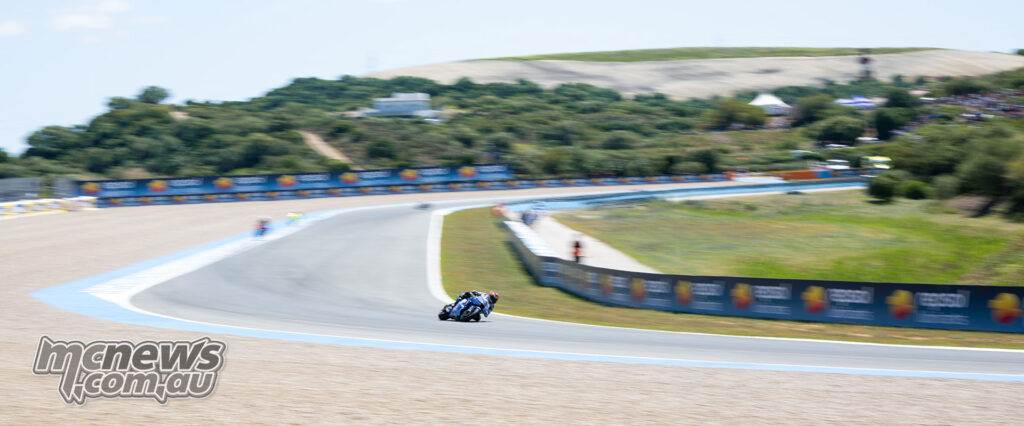 Alex Marquez rides alone at the front of the field on the BK8 Gresini Ducati with a large gap behind at Jerez.