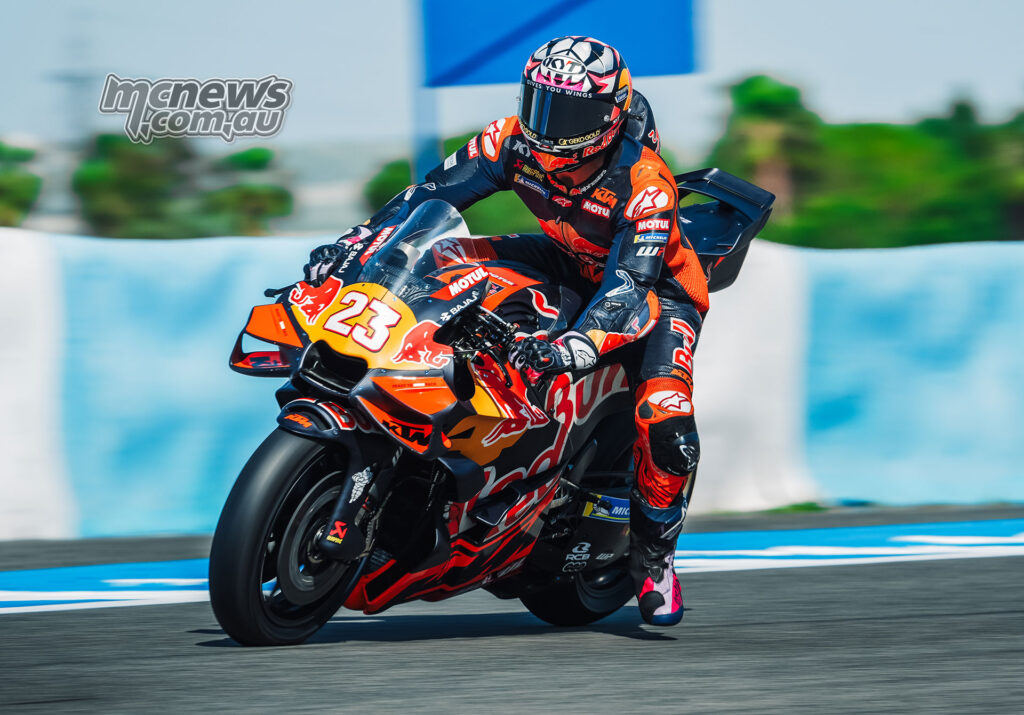 Enea Bastianini rides the Red Bull KTM Tech3 RC16 during MotoGP testing at Jerez.