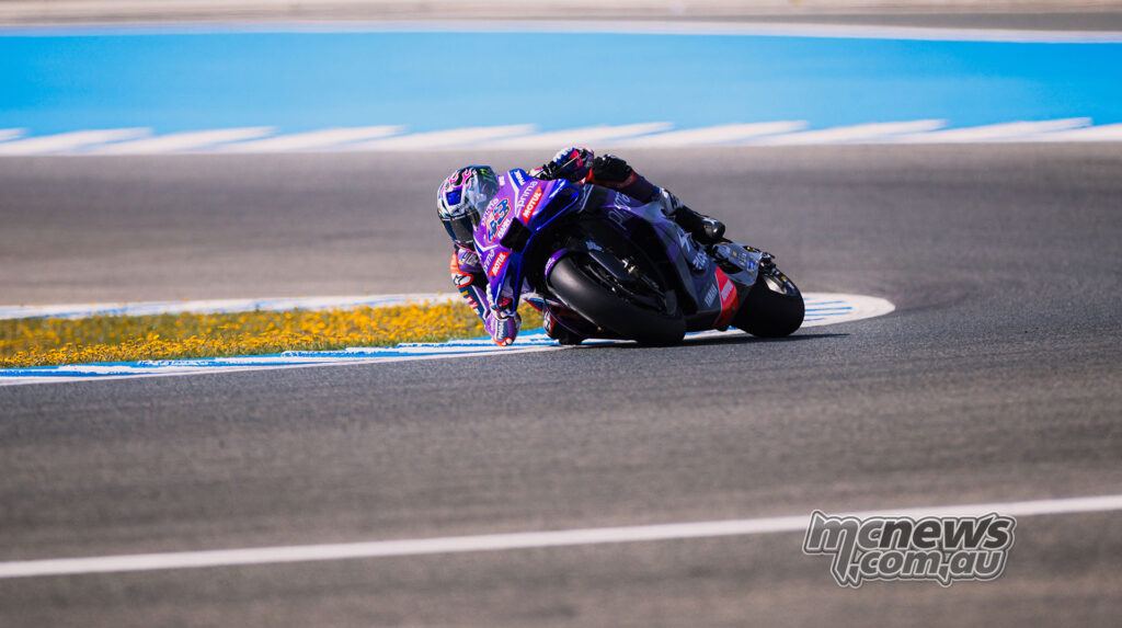 Jack Miller accelerating out of a right-hand corner on the Prima Pramac Yamaha at Jerez.