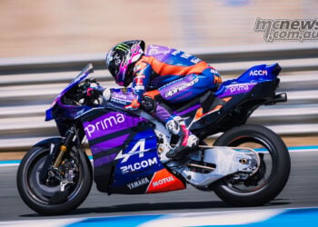Jack Miller in full tuck on the straight aboard the Prima Pramac Yamaha at Jerez.