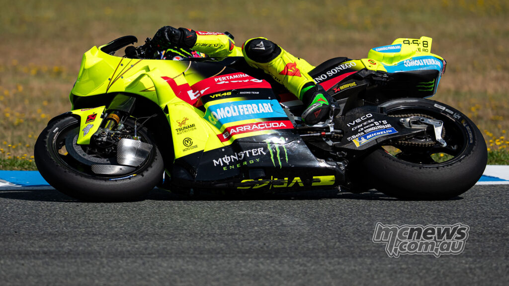 Franco Morbidelli leaned heavily through a right-hand corner on the VR46 Ducati.