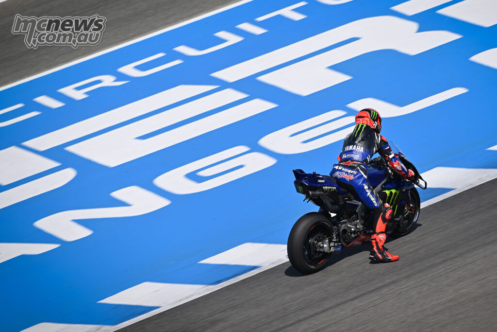 Fabio Quartararo braking hard on the Monster Energy Yamaha at Jerez.