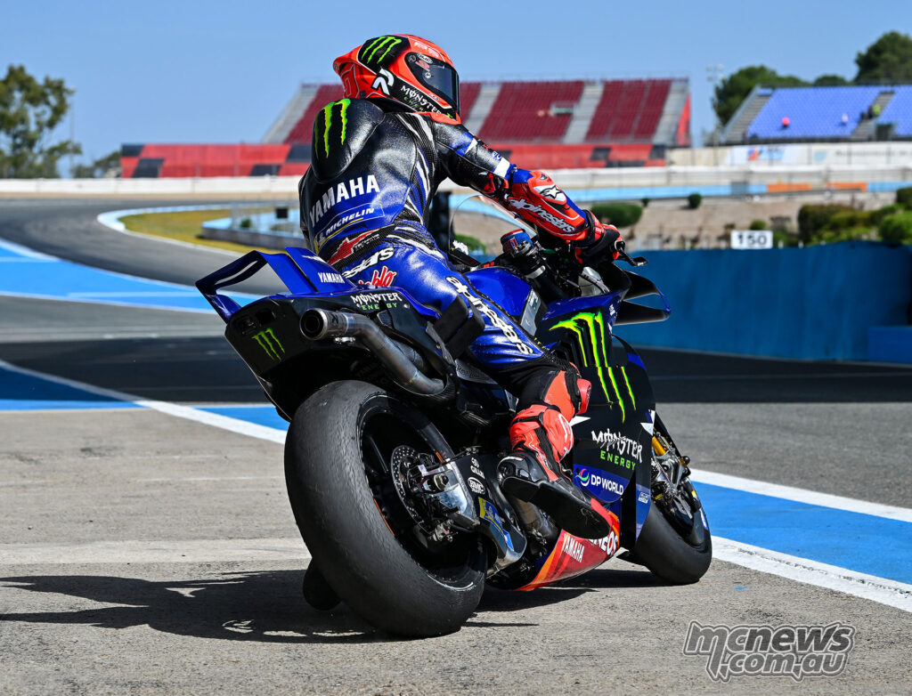 Rear view of Fabio Quartararo leaving pit lane on the Yamaha at Jerez.