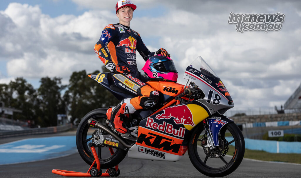 Archie Schmidt poses with his Red Bull MotoGP Rookies Cup KTM at Jerez.