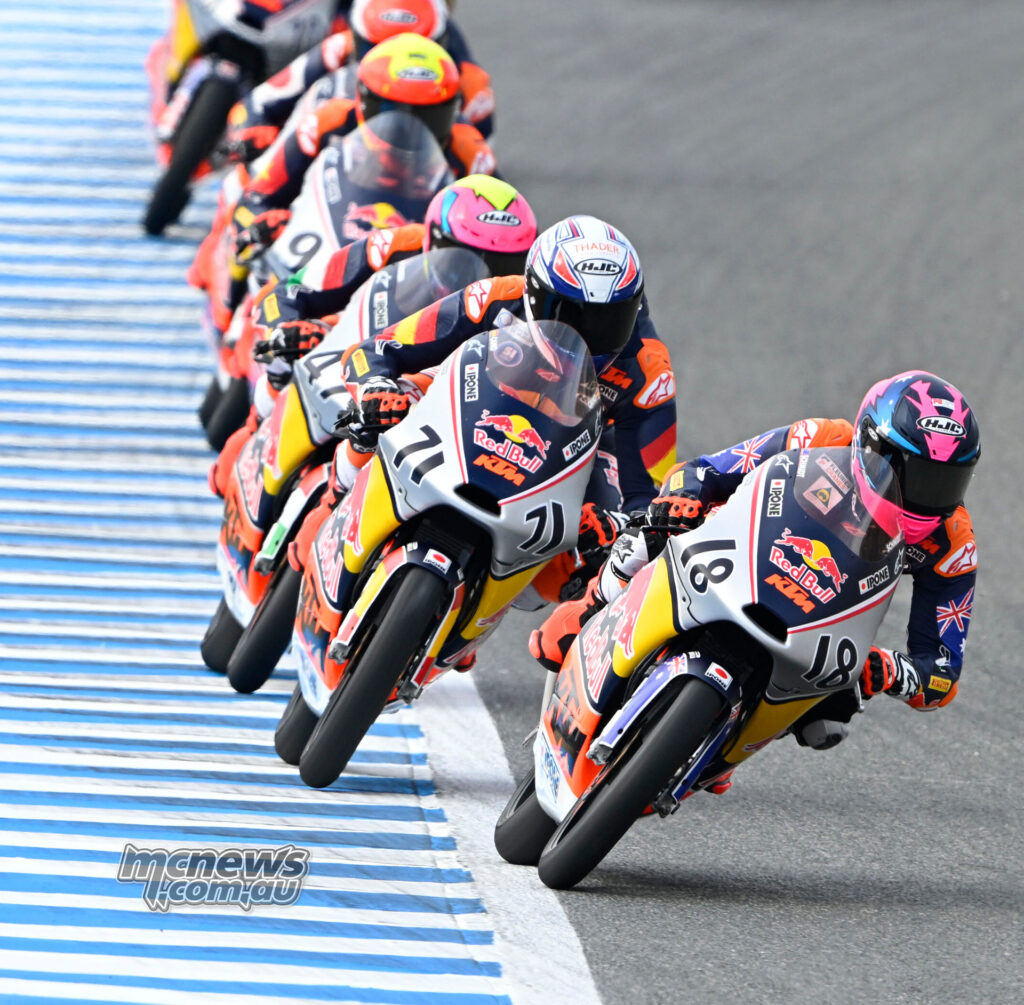 Archie Schmidt leads a train of Red Bull Rookies Cup riders in qualifying at Jerez.