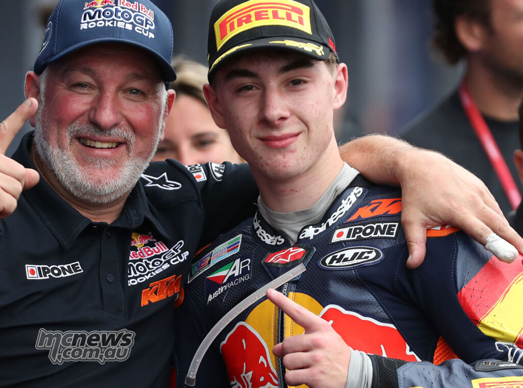 Beñat Fernandez celebrates his Red Bull Rookies Cup Race 1 win in parc fermé at Jerez.