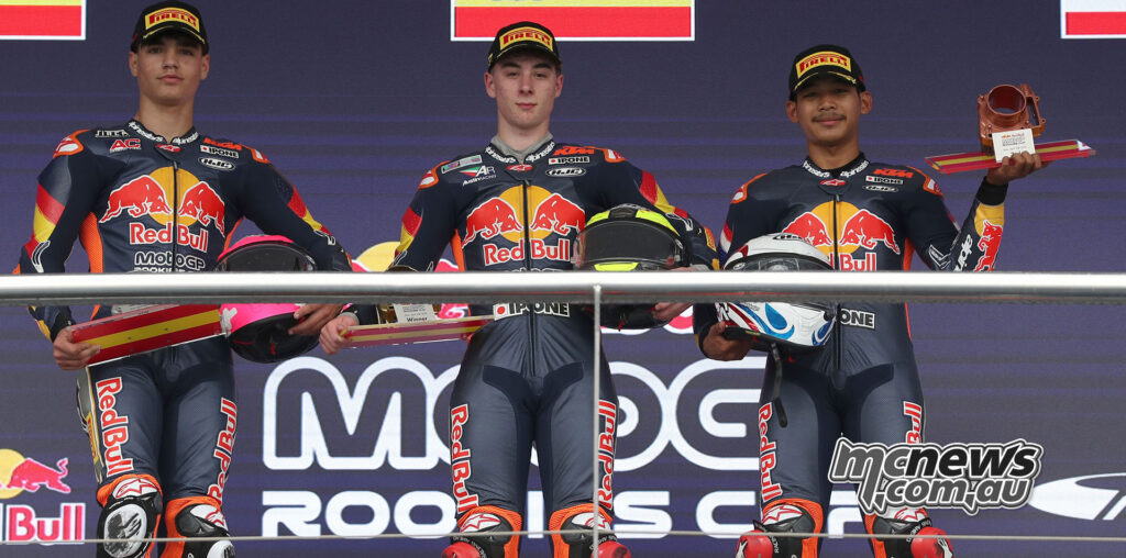 Beñat Fernandez, Fernando Bujosa and Kiattisak Singhapong on the Race 1 podium at Jerez.