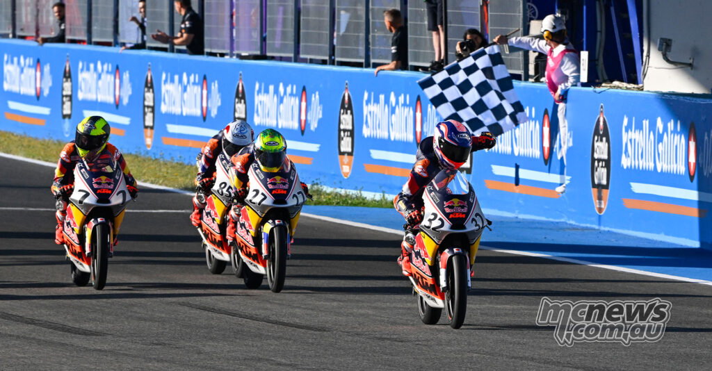Kiandra Ramadhipa crosses the line to win Race 2 at Jerez ahead of Yaroslav Karpushin and Mateo Marulanda.