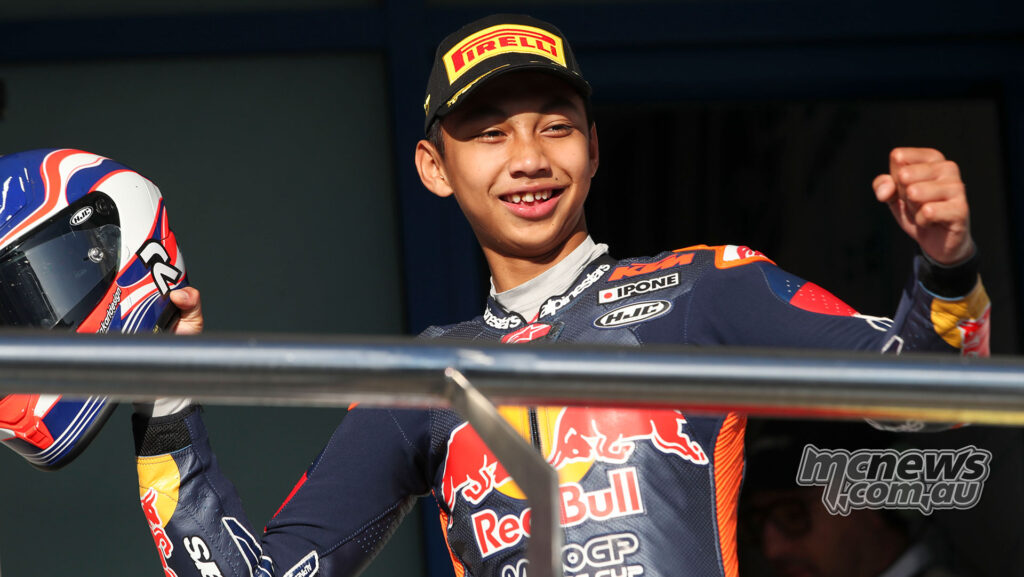 Kiandra Ramadhipa celebrates on the podium after winning Race 2 at Jerez.