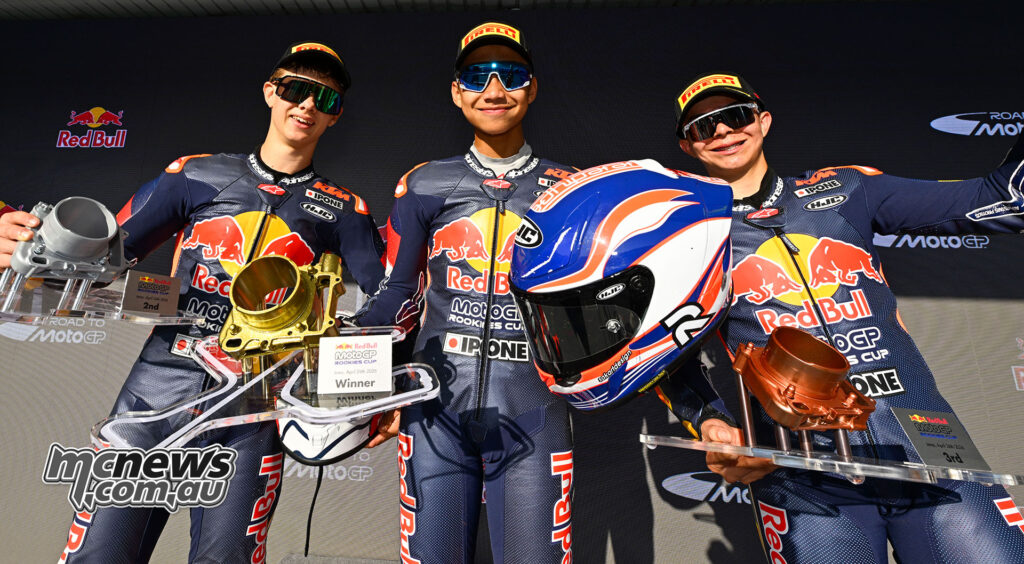 Kiandra Ramadhipa, Yaroslav Karpushin and Mateo Marulanda on the Race 2 podium at Jerez.