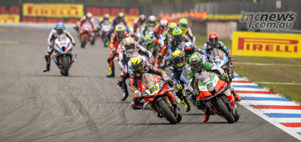 Alex Lowes on the bimota leads Alvaro Bautista’s Ducati through a corner in WorldSBK Race 1 at TT Circuit Assen.
