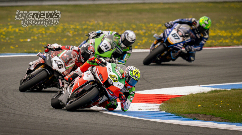 Axel Bassani’s bimota leads a small group including Tarran Mackenzie and Thomas Bridewell during WorldSBK Race 1 at Assen.