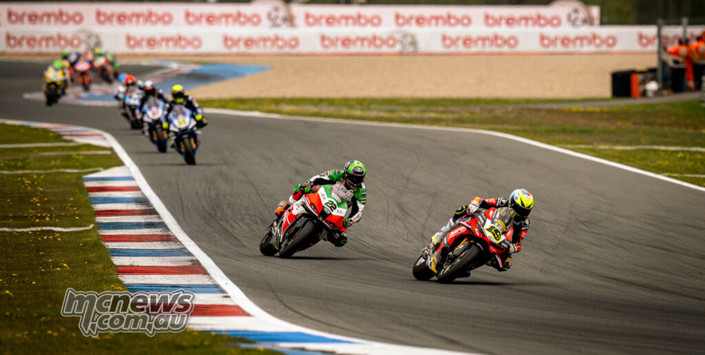 Alvaro Bautista rides ahead of Alex Lowes in WorldSBK Race 1 at TT Circuit Assen.