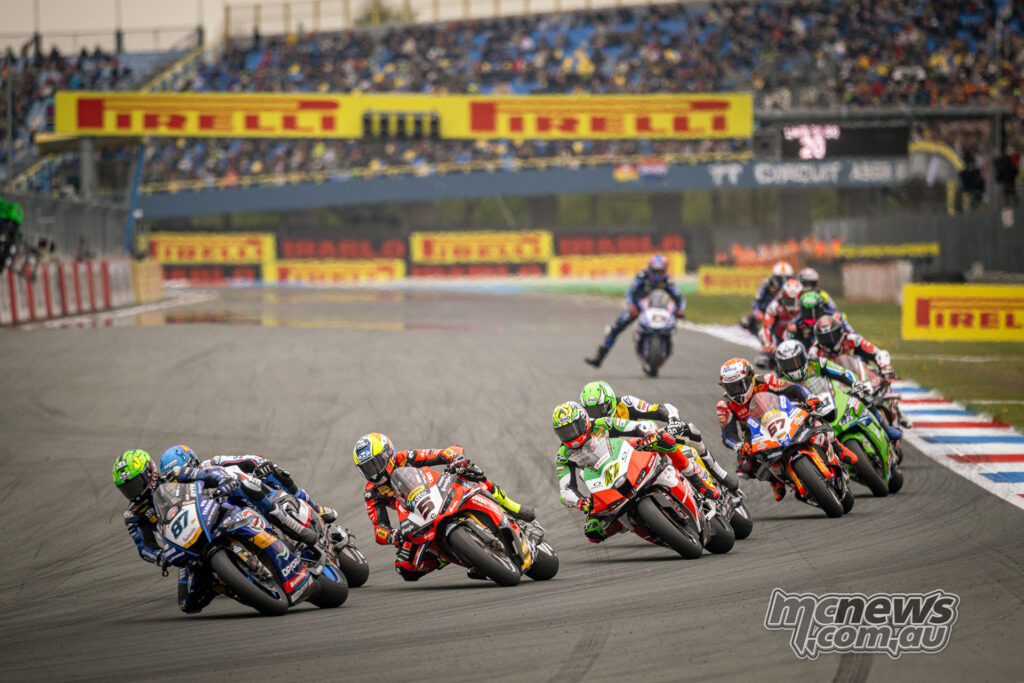 Remy Gardner’s Yamaha runs in a midfield battle during WorldSBK Race 1 at TT Circuit Assen.