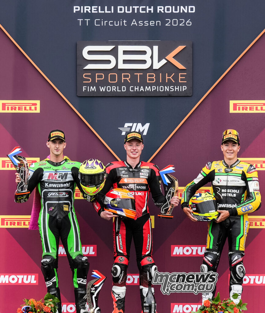 World Sportbike Race 1 podium at Assen with Xavi Artigas second, Jeffrey Buis first and David Salvador third.