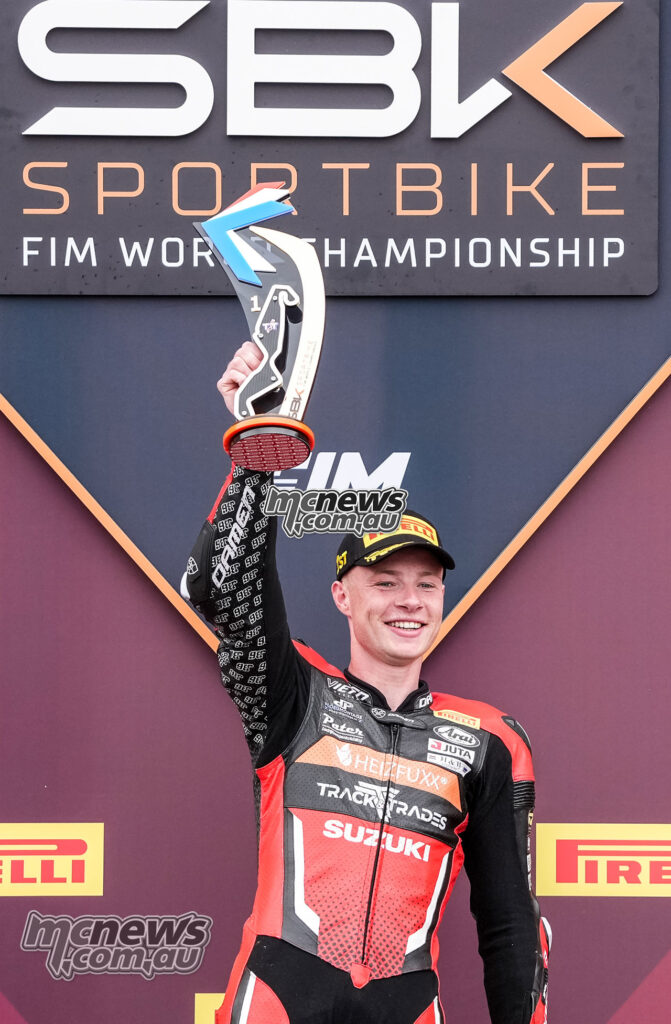 Jeffrey Buis raises the winner’s trophy after World Sportbike Race 1 at TT Circuit Assen.