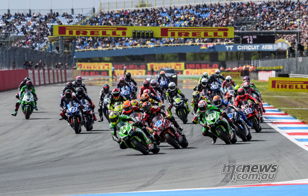 The World Sportbike field streams away from the start of Race 1 at TT Circuit Assen.