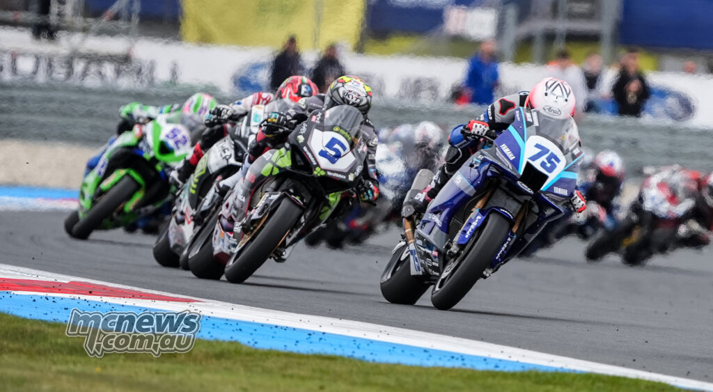Albert Arenas leads Jaume Masiá during a close World Supersport Race 1 battle at TT Circuit Assen.