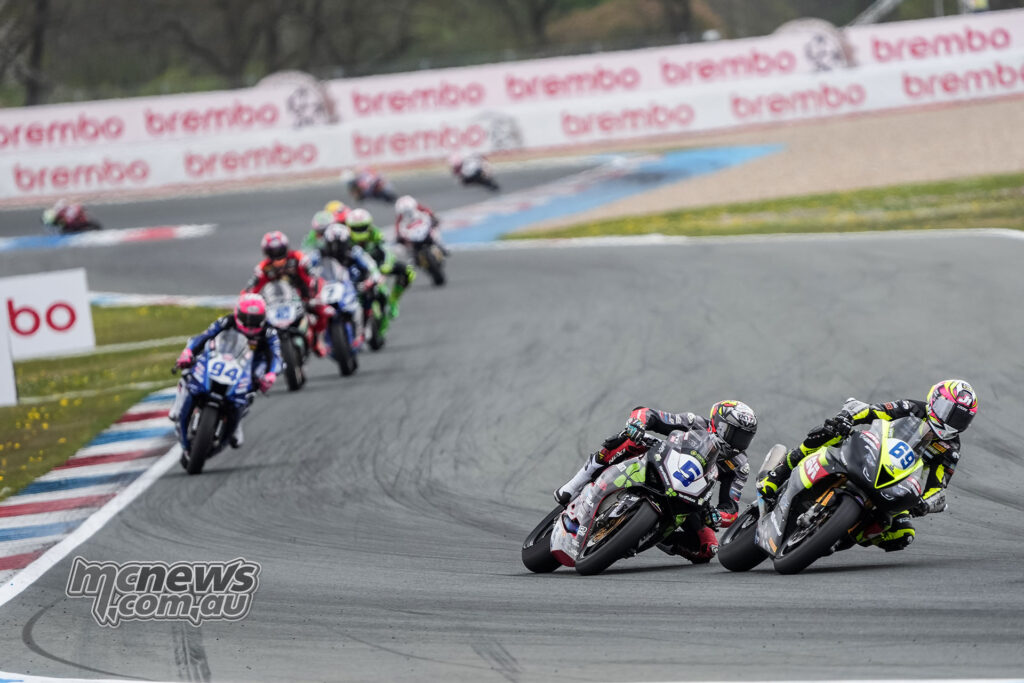 Tom Booth-Amos rides ahead of Jaume Masiá during World Supersport Race 1 at Assen.