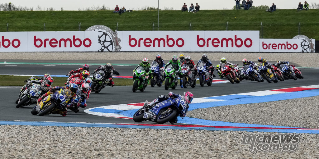 Lucas Mahias leads a train of World Supersport riders through a corner at TT Circuit Assen.