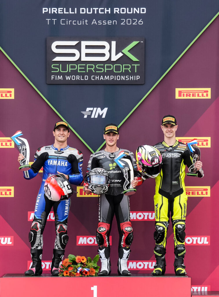 World Supersport Race 1 podium at Assen with Albert Arenas second, Jaume Masiá first and Tom Booth-Amos third.