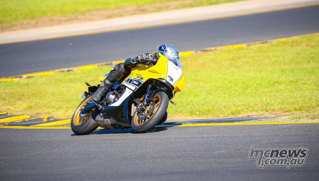 Front three-quarter view of the 2026 Yamaha XSR900 GP at speed at SMSP