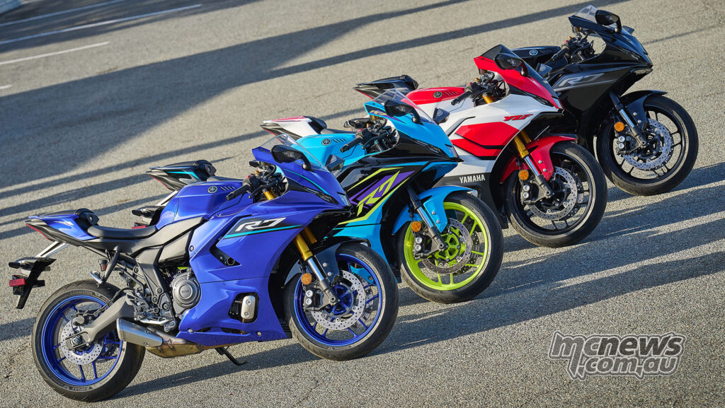 Four 2026 Yamaha YZF-R7 motorcycles lined up in different colours.