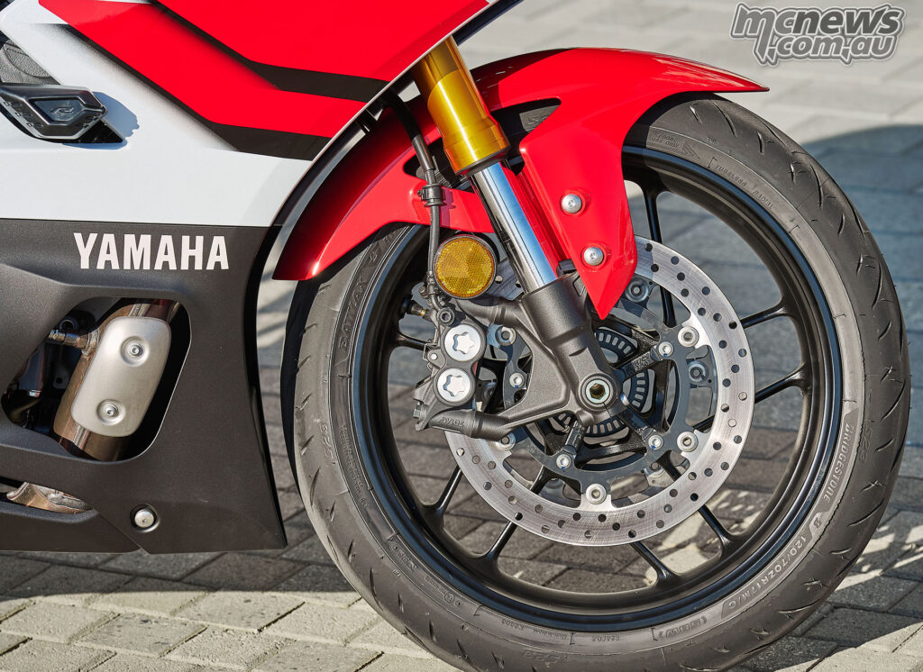 Front brake setup on the 2026 Yamaha YZF-R7 with dual discs.