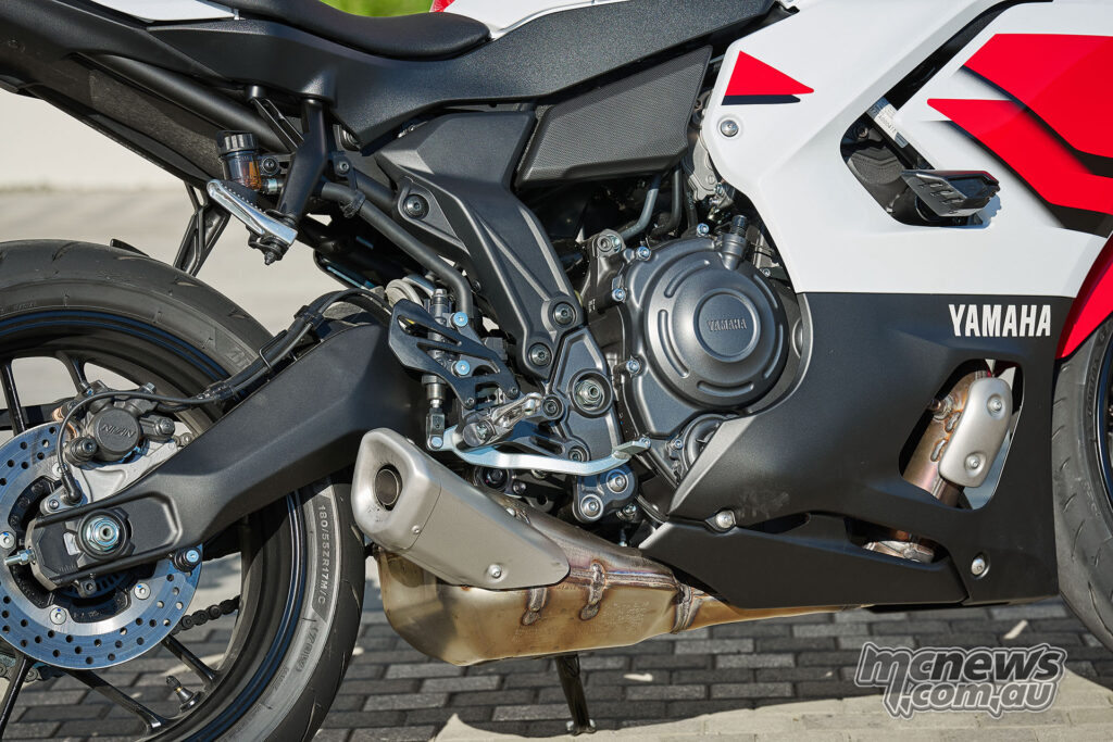 Close-up of 689 cc CP2 parallel-twin engine in the 2026 Yamaha YZF-R7.