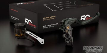 Brembo 50th Anniversary RCS Corsa Corta RR kit showing the master cylinder, reservoir and special presentation box.