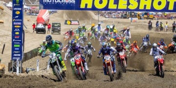 Mikkel Haarup leading Hunter Lawrence, Jorge Prado and Chase Sexton at the start of the 450MX opener at Fox Raceway.