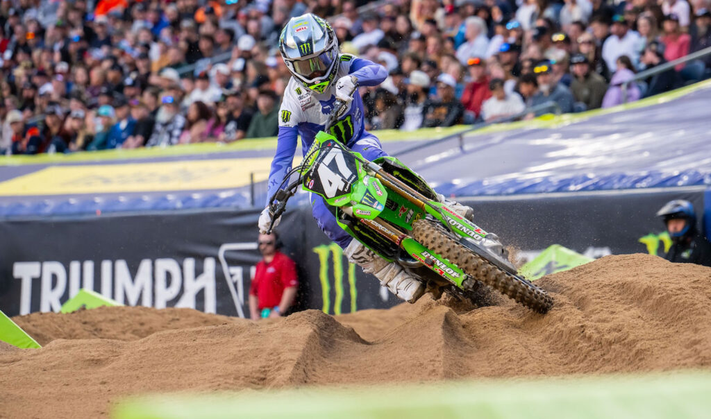 Levi Kitchen riding through the sand section during the 250SX West Main Event at Denver Supercross 2026.