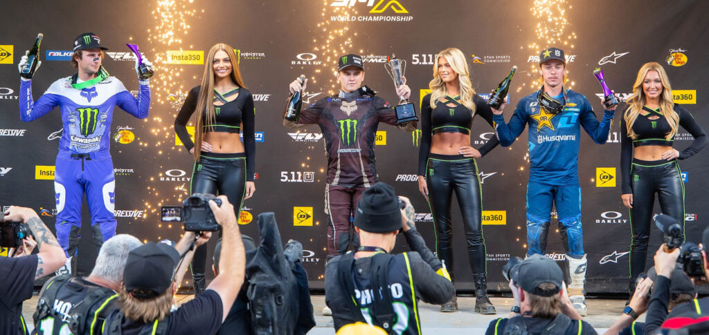 250SX West Denver podium with Levi Kitchen second, Haiden Deegan first and Ryder DiFrancesco third.