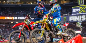 Hunter Lawrence and Ken Roczen shaking hands after the 450SX Main Event at Denver Supercross 2026.