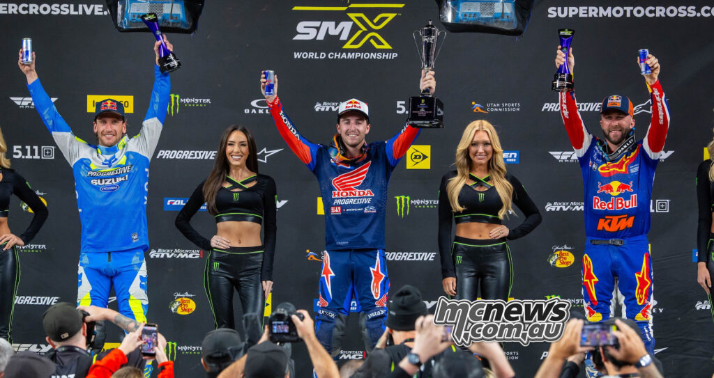 Denver 450SX podium with Ken Roczen second, Hunter Lawrence first and Eli Tomac third.