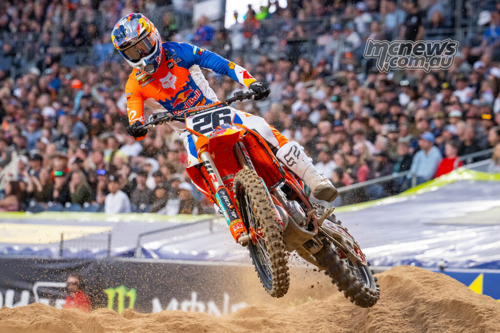 Jorge Prado riding his KTM through the sand section during the 450SX Main Event at Denver Supercross 2026.