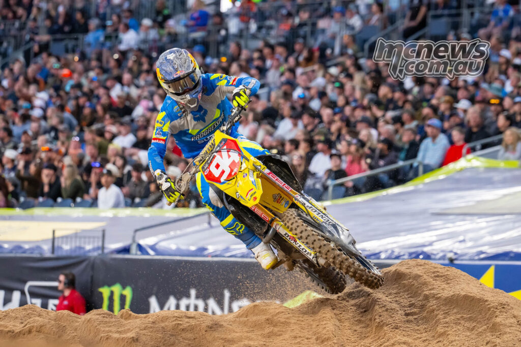 Ken Roczen riding his Suzuki through the Denver Supercross sand section on his way to second in 450SX.