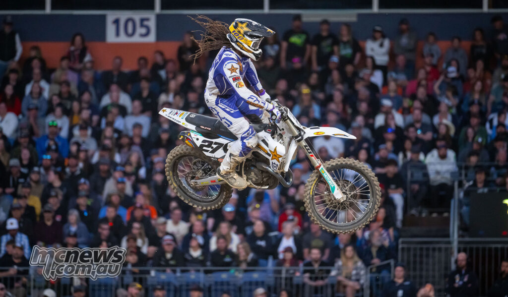 Malcolm Stewart jumping his Husqvarna during the 450SX Main Event at Denver Supercross 2026.