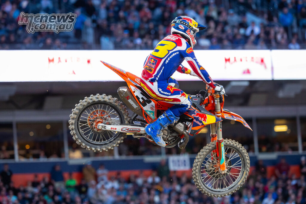 Eli Tomac jumping his KTM during the Denver 450SX Main Event on his way to third place.