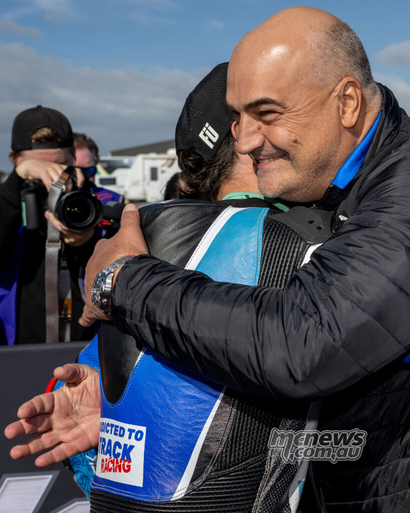 Valentino Knezovic being congratulated after finishing second in Supersport Race One at The Bend