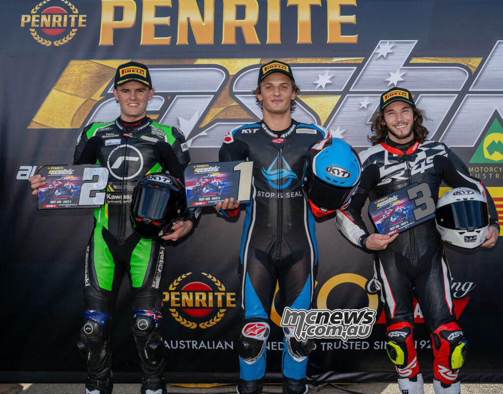 Hayden Nelson, Tom Toparis and Tom Edwards on the Next Gen Race One podium at The Bend