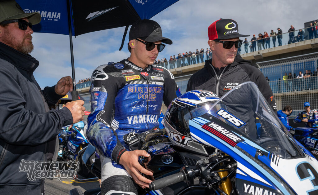 Cam Dunker on the Blue Marlin Pools Yamaha before ASBK Superbike Race One at The Bend