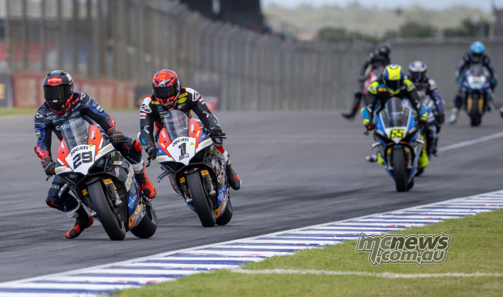 Harrison Voight leads Josh Waters and Cru Halliday during Race One at The Bend